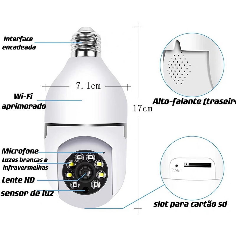 Câmera Lâmpada Vigia Rotativa 360 WiFi - Frete Grátis